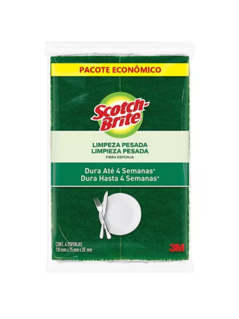 Esponja Multiuso Reutilizável <br> Cor Verde + Amarela – Marca 3M / Scocth Brite <br> c/ 4 Unidades