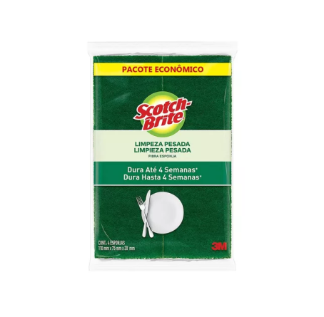 Esponja Multiuso Reutilizável <br> Cor Verde + Amarela - Marca 3M / Scocth Brite <br> c/ 4 Unidades