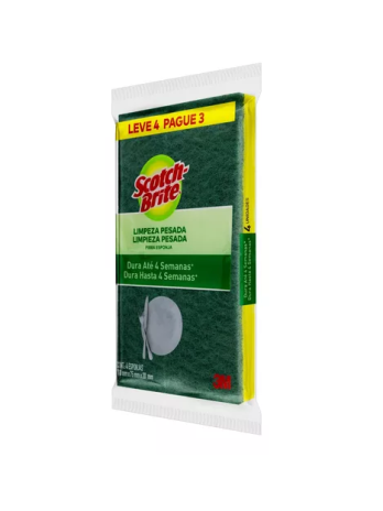 Esponja Multiuso Reutilizável <br> Cor Verde + Amarela – Marca 3M / Scocth Brite <br> c/ 4 Unidades