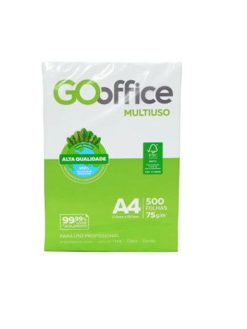 Papel A4 Sulfite 75g/m² – Marca Go Office <br> Tamanho 210mm X 297mm <br> Caixa Master com 10 Resmas de 500 Folhas