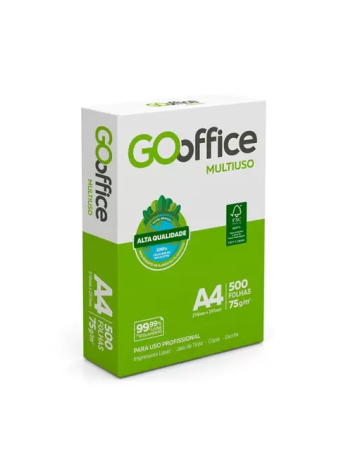 Papel A4 Sulfite 75g/m² – Marca Go Office <br> Tamanho 210mm X 297mm <br> Resma c/ 500 Folhas