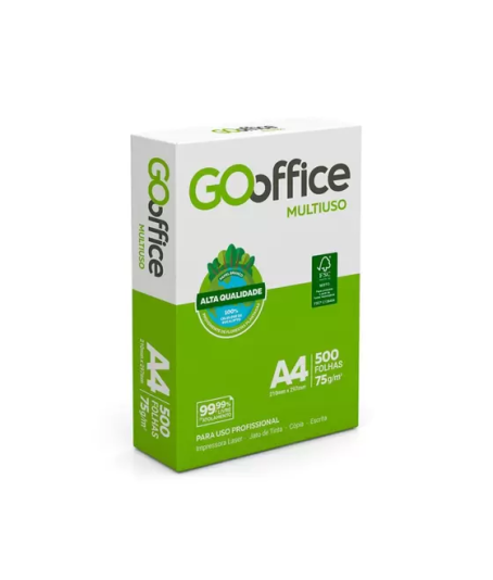 Papel A4 Sulfite 75g/m² - Marca Go Office <br> Tamanho 210mm X 297mm <br> Resma c/ 500 Folhas