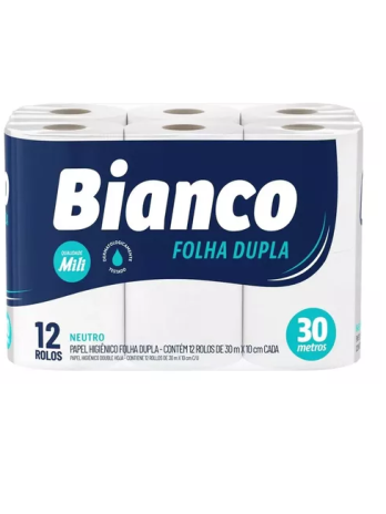 Papel Higiênico Rolo – Folha Dupla <br> Marca Bianco – Medida 10cm X 30m cada <br> Pacote c/ 12 Rolos