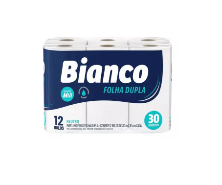 Papel Higiênico Rolo - Folha Dupla <br> Marca Bianco - Medida 10cm X 30m cada <br> Pacote c/ 12 Rolos