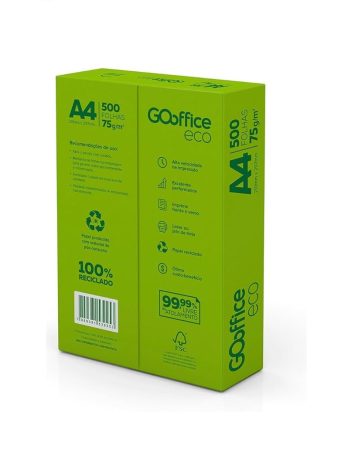 Papel A4 Eco Reciclado 75g/m² – Marca Go Office <br> Tamanho 210mm X 297mm <br> Resma c/ 500 Folhas