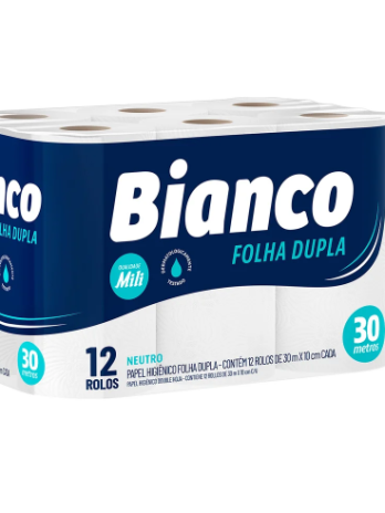 Papel Higiênico Rolo – Folha Dupla <br> Marca Bianco – Medida 10cm X 30m cada <br> Pacote c/ 12 Rolos